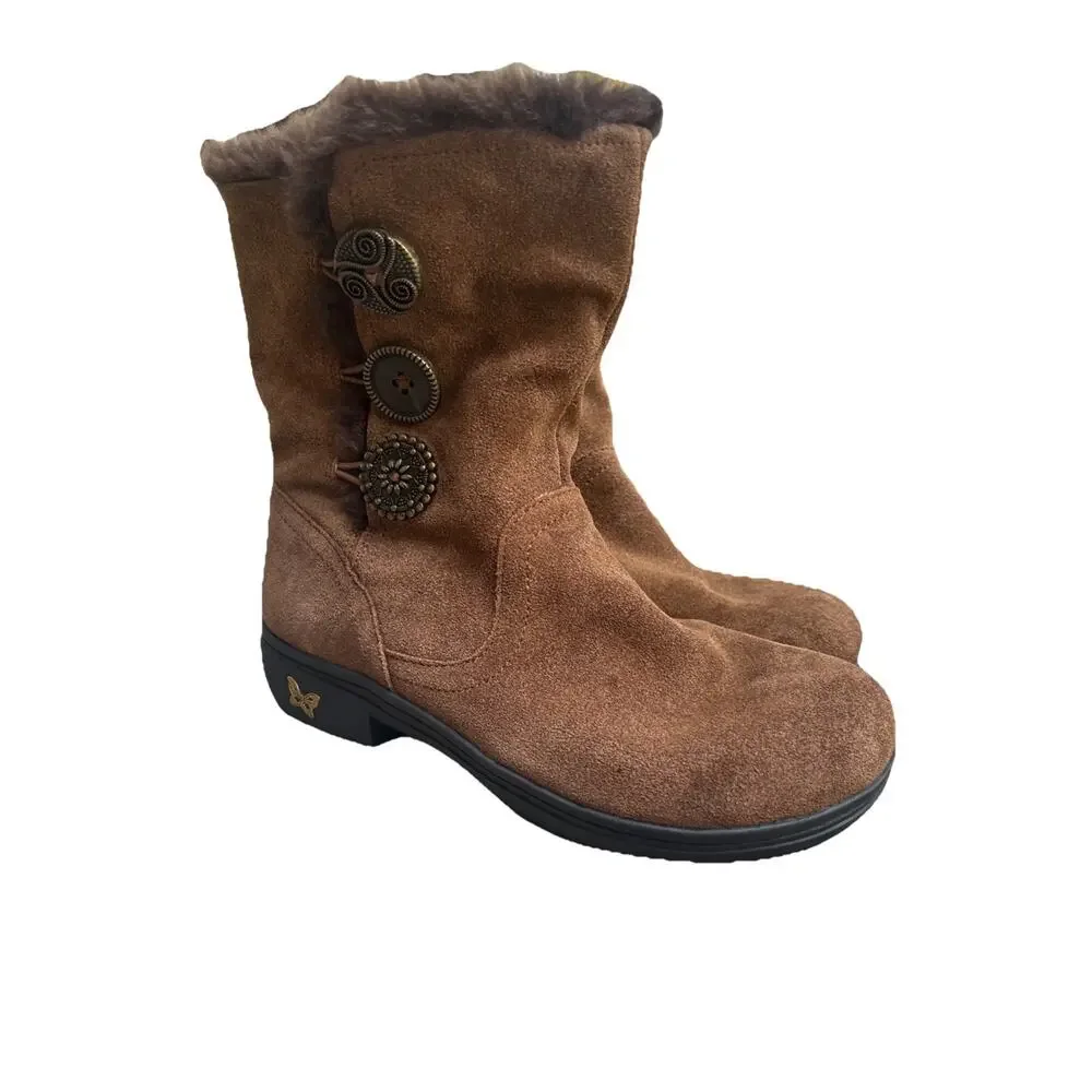 Alegria Nanook Boots Brown Leather Faux Fur Lined Suede Women's Button 37